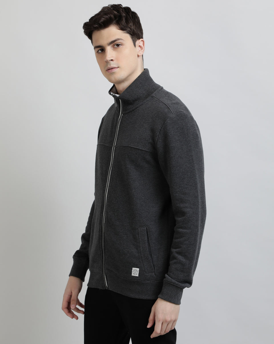 Men Dark Grey Plain Solid High Neck Recycled Cotton Full Sleeve Regular Fit Front Open Zipper Winter Wear Casual Sweatshirt