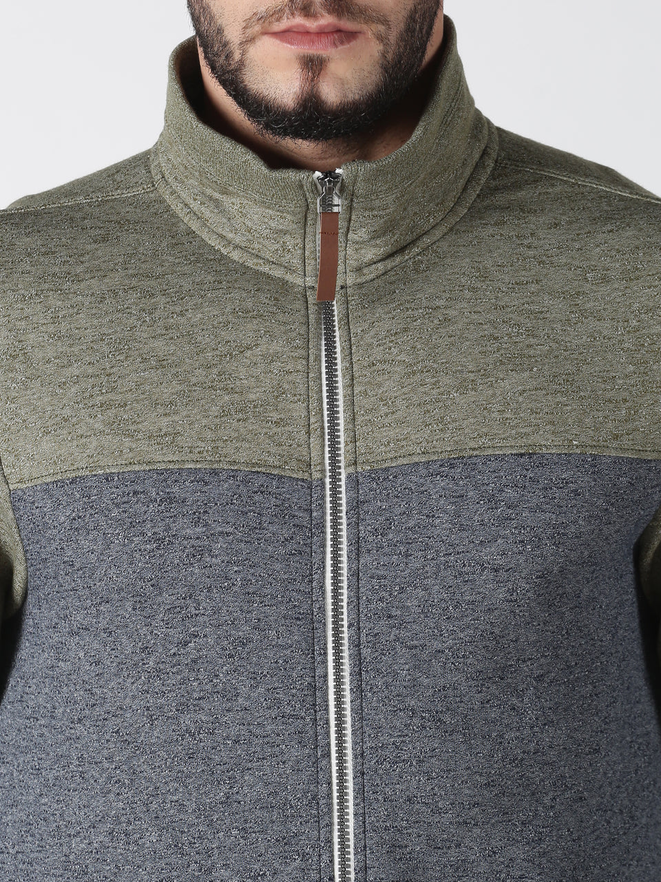 Men Green Grey Color Blocked Magic Slub Collared High Neck Full Sleeve Regular Fit Front Open Zipper Casual Winter Wear Sweatshirt
