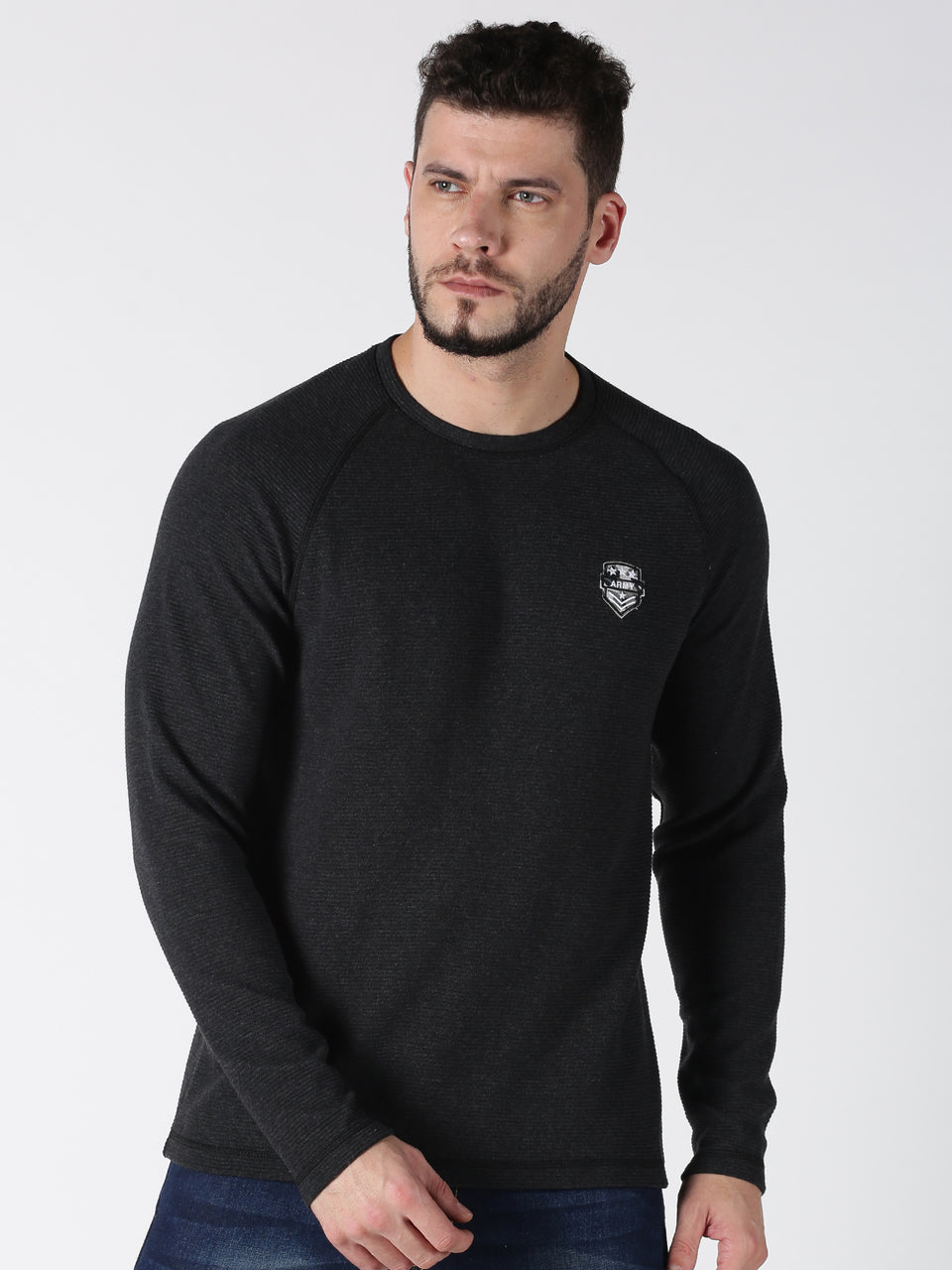 Men Black Solid Ottoman Round Neck Recycled Cotton Full Sleeve Regular Fit Casual Pullover Winterwear Sweatshirt