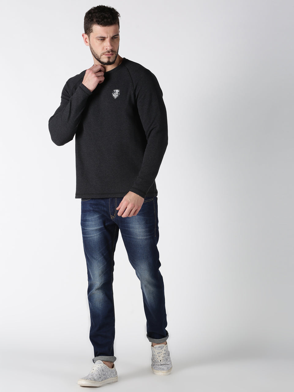 Men Black Solid Ottoman Round Neck Recycled Cotton Full Sleeve Regular Fit Casual Pullover Winterwear Sweatshirt