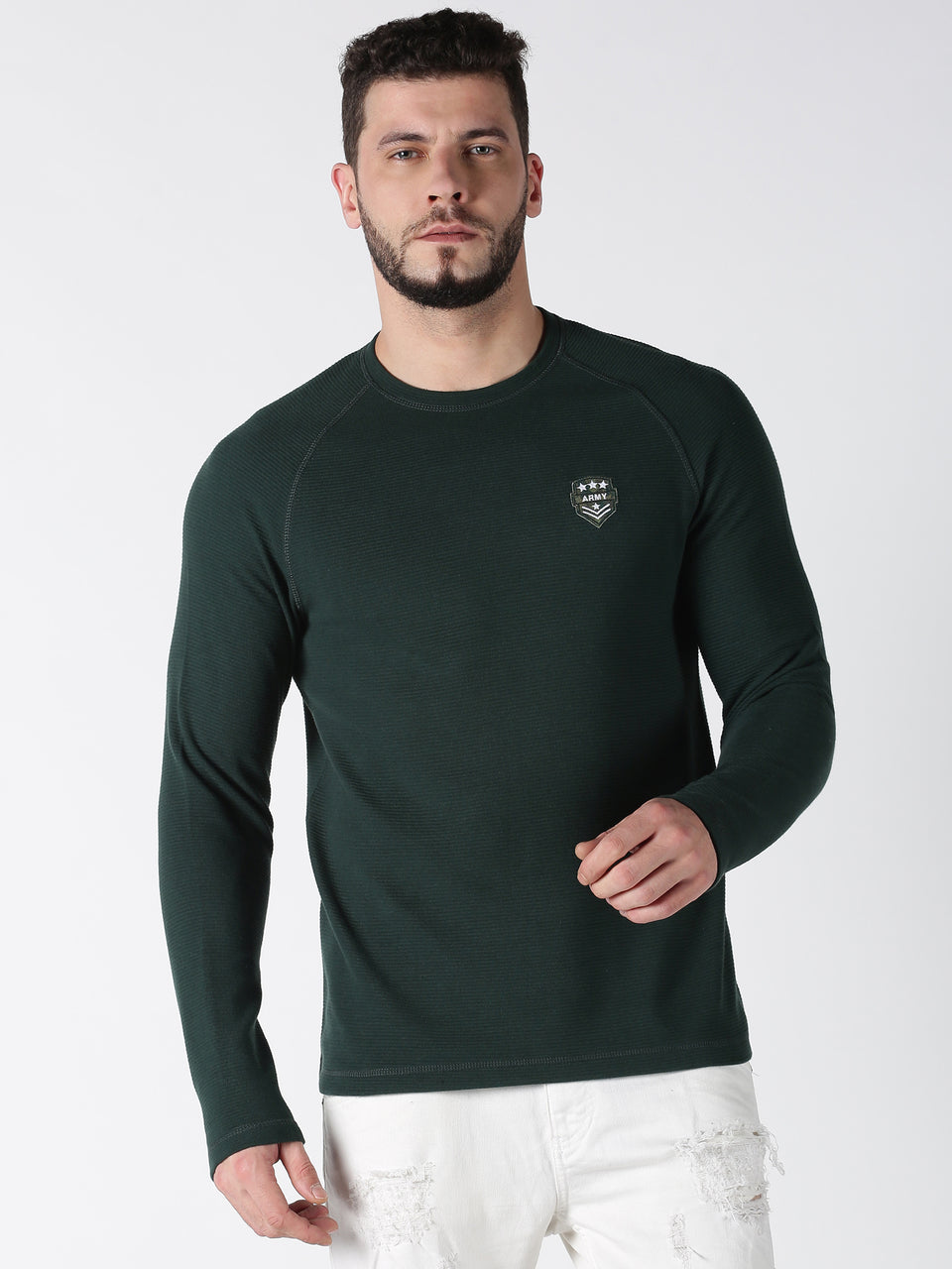 Men Green Solid Ottoman Round Neck Recycled Cotton Full Sleeve Regular Fit Casual Pullover Winterwear Sweatshirt