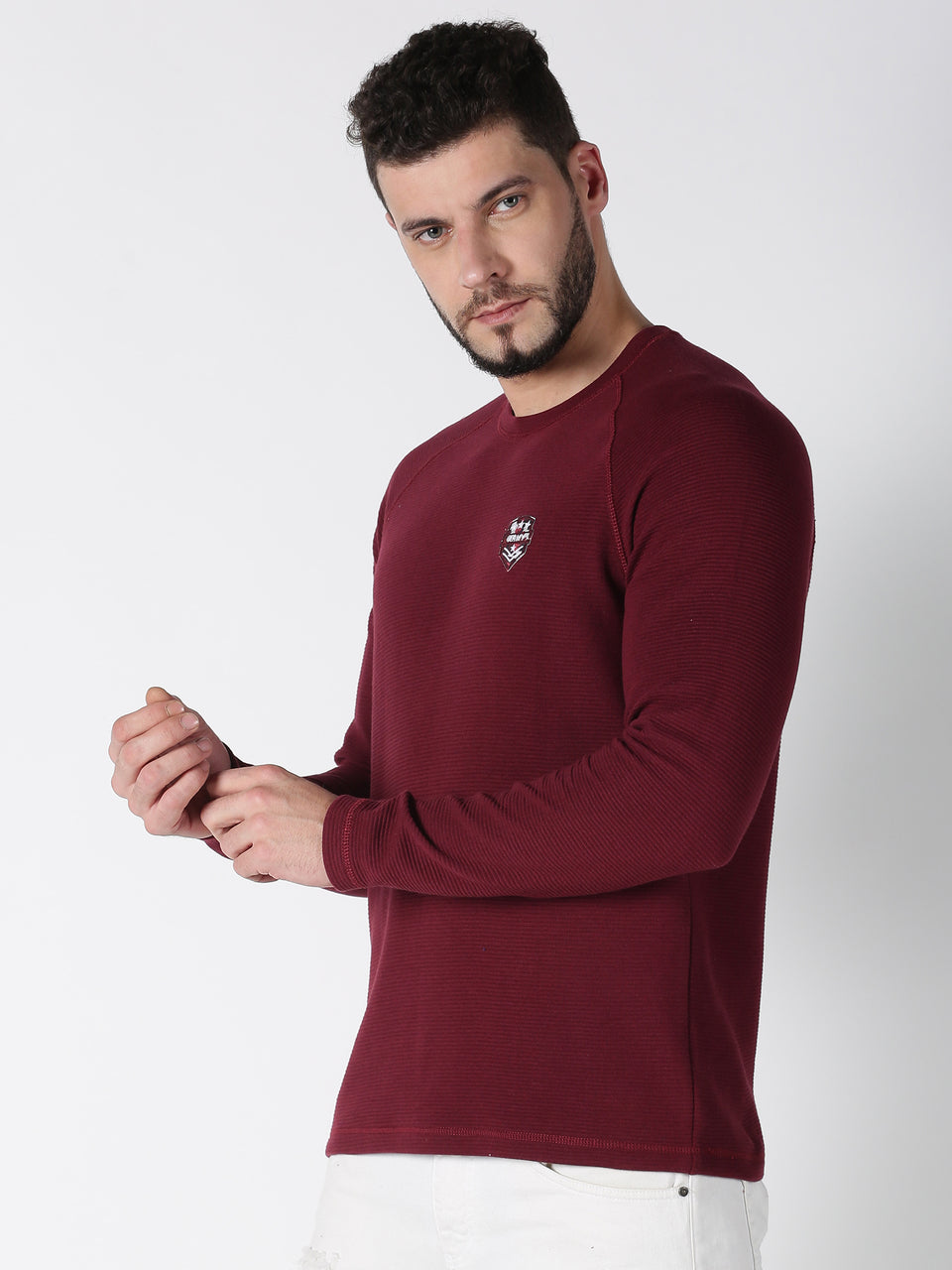 Men Maroon Solid Ottoman Round Neck Recycled Cotton Full Sleeve Regular Fit Casual Pullover Winter Wear Sweatshirt