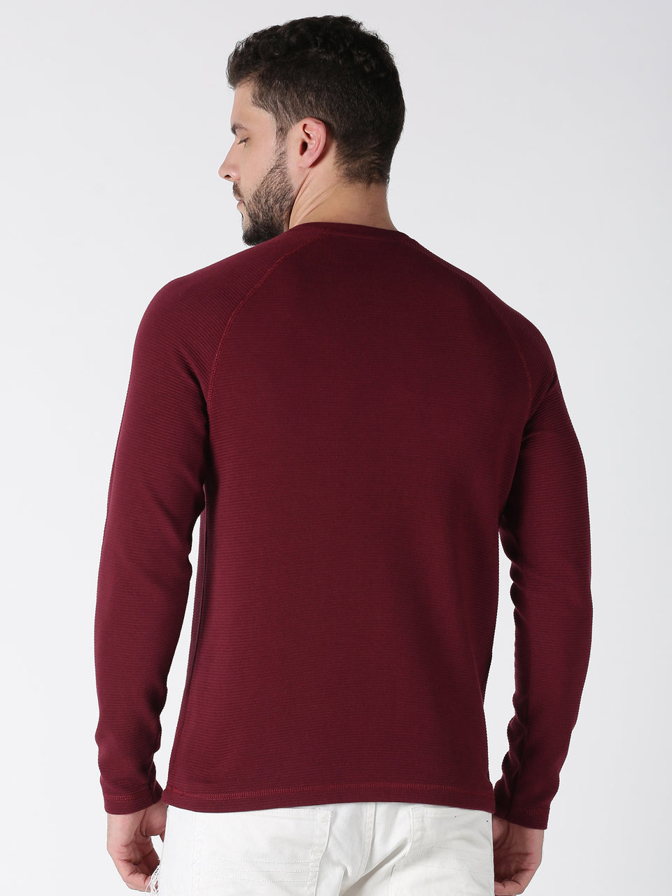 Men Maroon Solid Ottoman Round Neck Recycled Cotton Full Sleeve Regular Fit Casual Pullover Winter Wear Sweatshirt