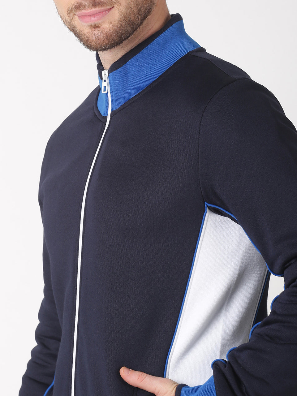 Men Navy Blue Plain Solid High Neck Recycled Cotton Full Sleeve Regular Fit Front Open Zipper Winter Wear Casual Jacket