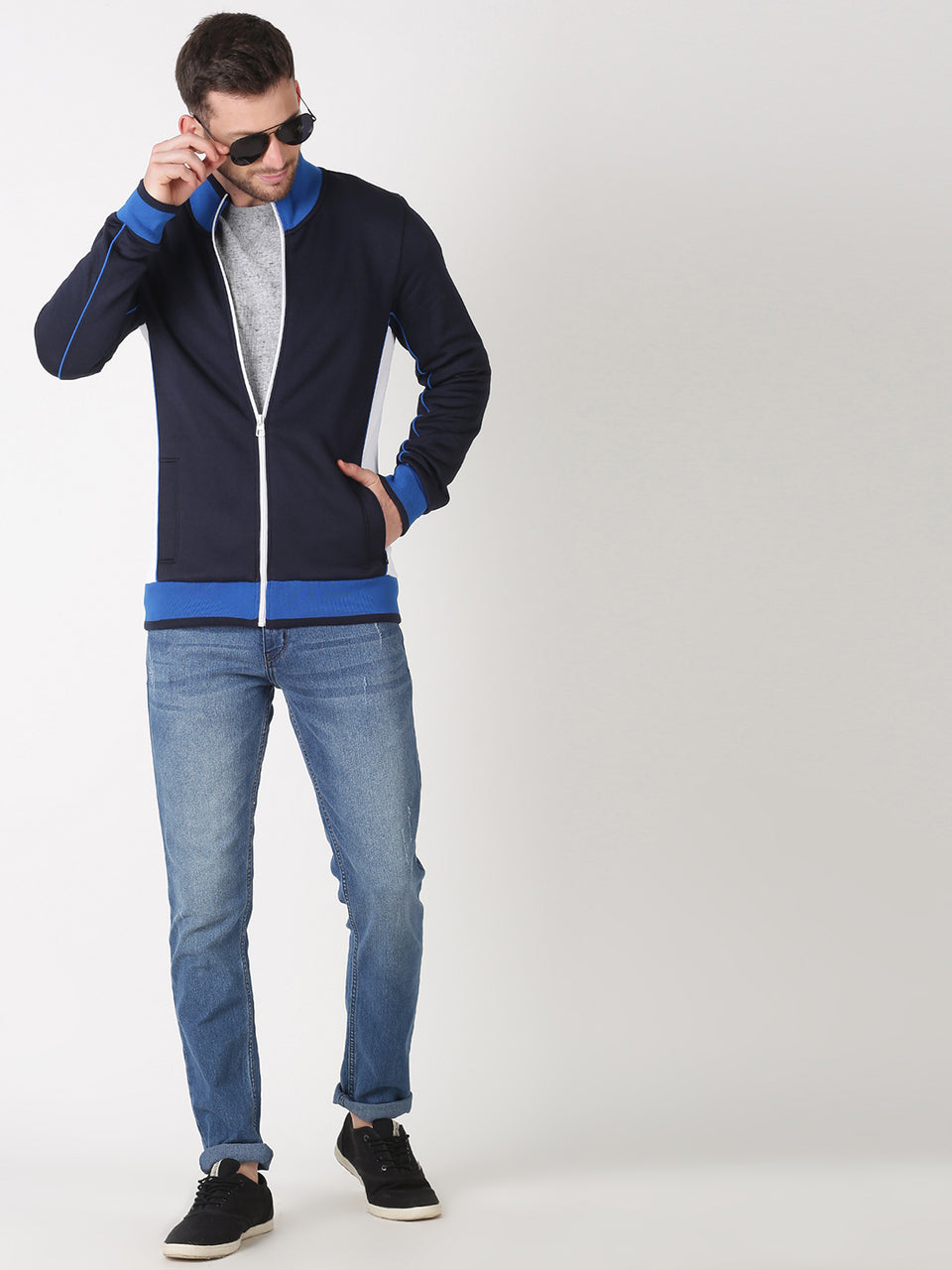 Men Navy Blue Plain Solid High Neck Recycled Cotton Full Sleeve Regular Fit Front Open Zipper Winter Wear Casual Jacket