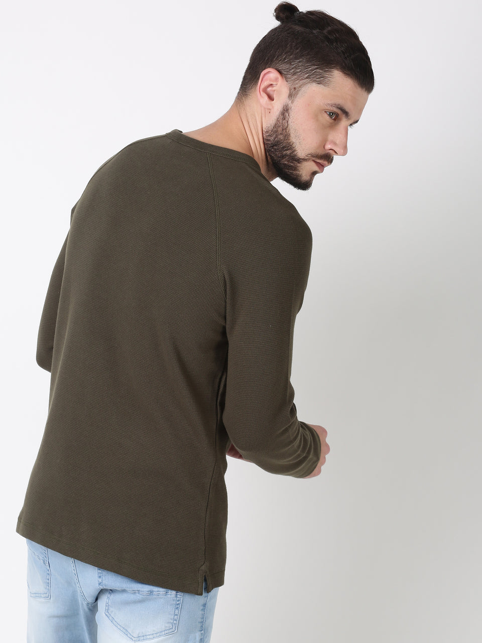 Men Olive Green Solid Round Neck Pure Cotton Waffle Full Sleeve Casual Pullover Sweatshirt