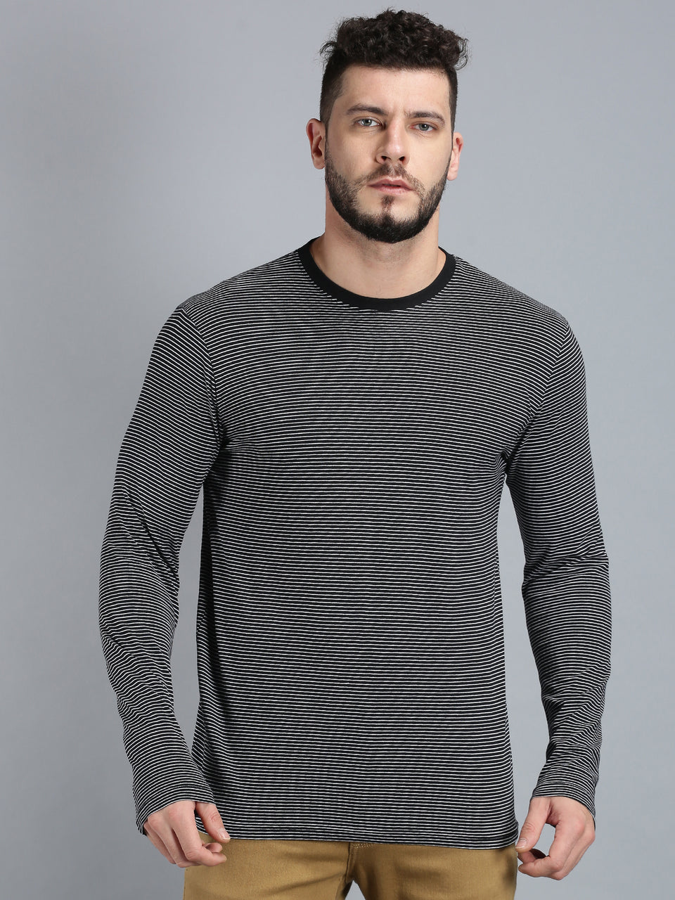 Men Black White Striped Round Neck Recycled Cotton Full Sleeve Regular Fit Casual T-Shirt