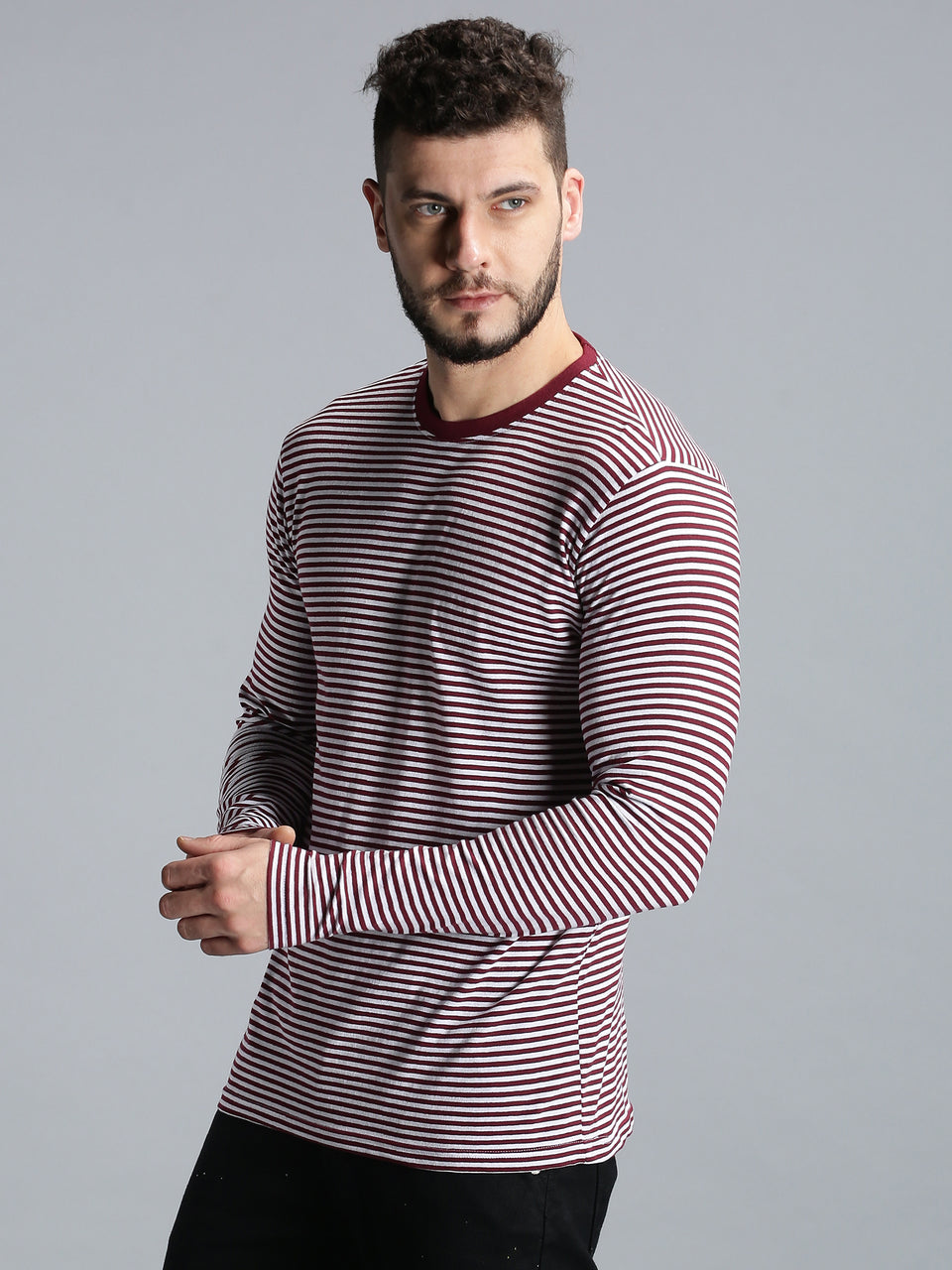 Men Maroon White Yarn Dyed Stripes Round Neck Recycled Cotton Full Sleeve Regular Fit Casual T-Shirt