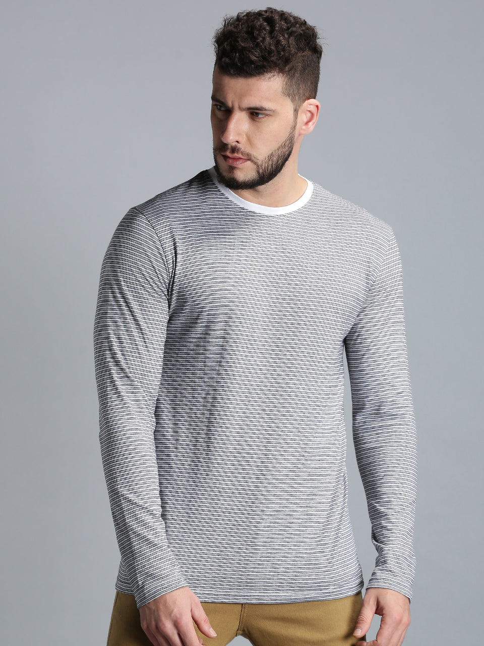 Men White Black Yarn Dyed Stripes Round Neck Recycled Cotton Full Sleeve Regular Fit Casual T-Shirt