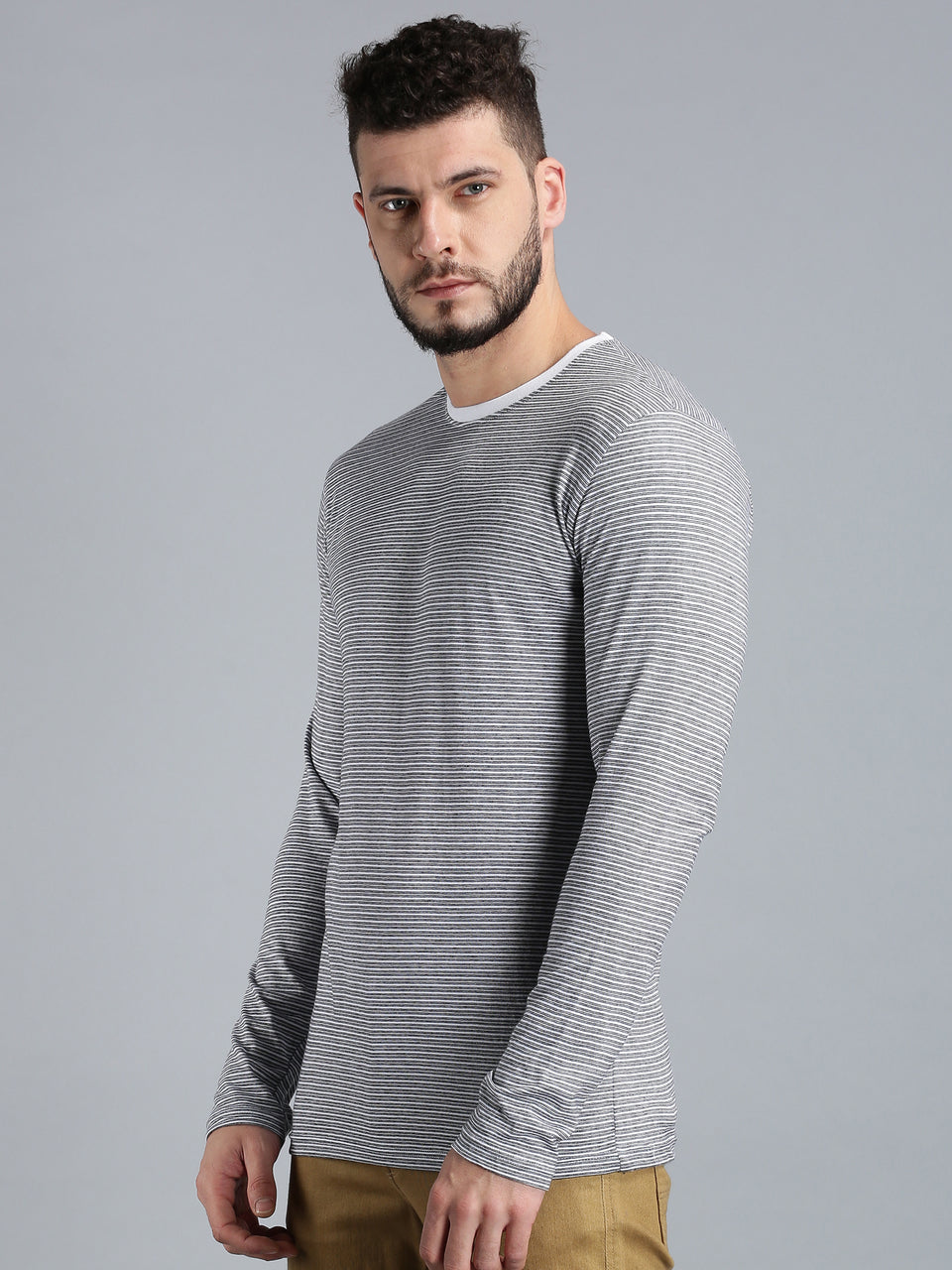 Men White Black Yarn Dyed Stripes Round Neck Recycled Cotton Full Sleeve Regular Fit Casual T-Shirt