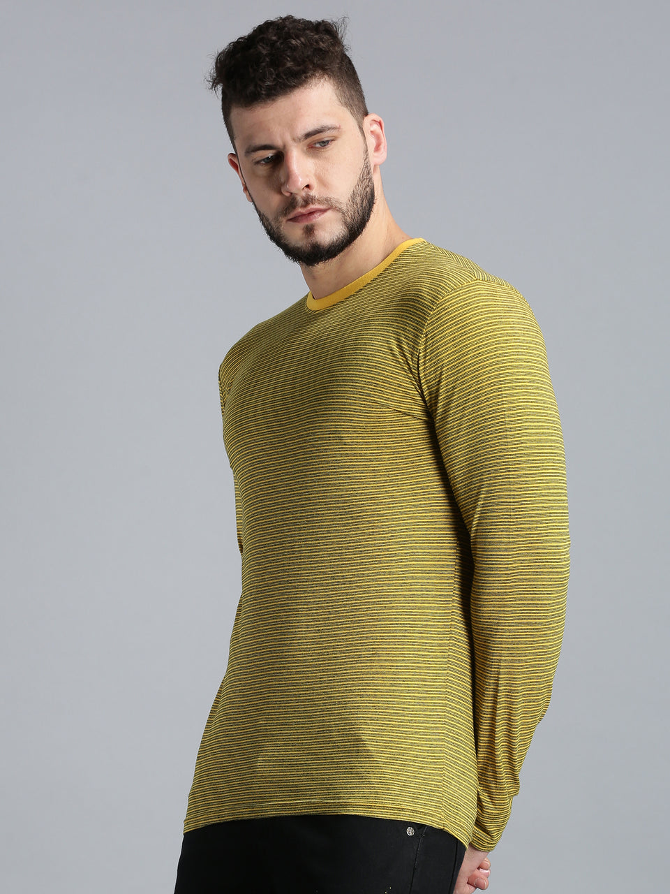 Men Yellow Black Yarn Dyed Stripes Round Neck Recycled Cotton Full Sleeve Regular Fit Casual T-Shirt