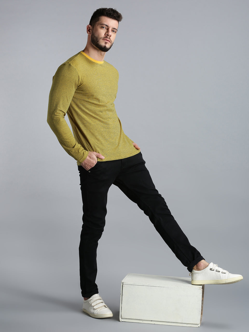 Men Yellow Black Yarn Dyed Stripes Round Neck Recycled Cotton Full Sleeve Regular Fit Casual T-Shirt