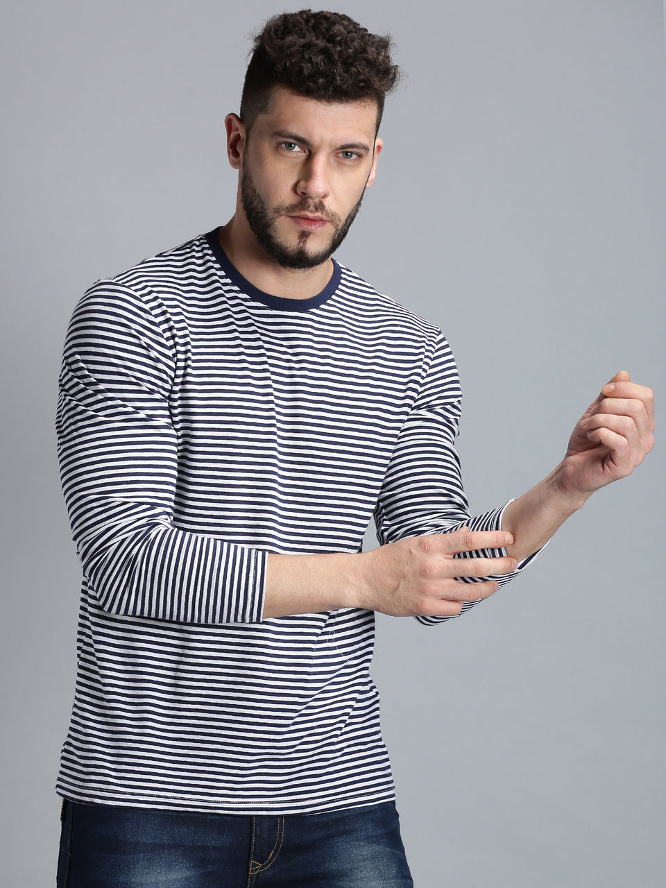 Men Navy Blue White Yarn Dyed Stripes Round Neck Recycled Cotton Full Sleeve Regular Fit Casual T-Shirt