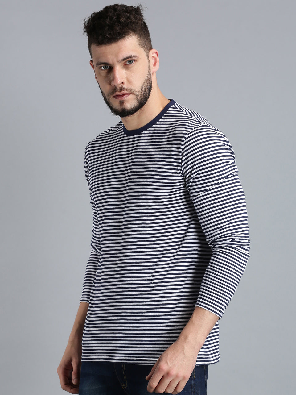 Men Navy Blue White Yarn Dyed Stripes Round Neck Recycled Cotton Full Sleeve Regular Fit Casual T-Shirt