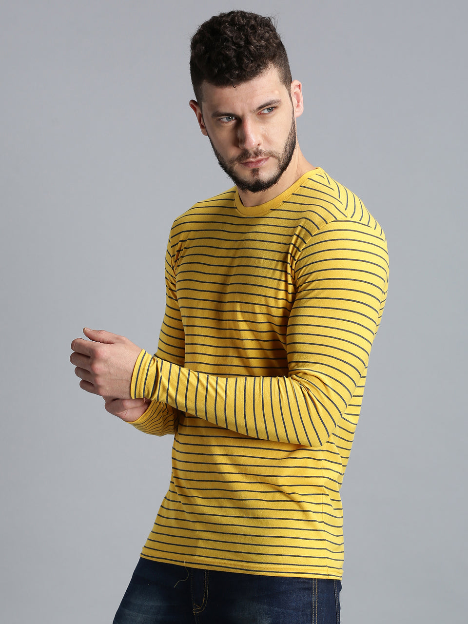 Men Yellow Navy Yarn Dyed Stripes Round Neck Recycled Cotton Full Sleeve Regular Fit Casual T-Shirt