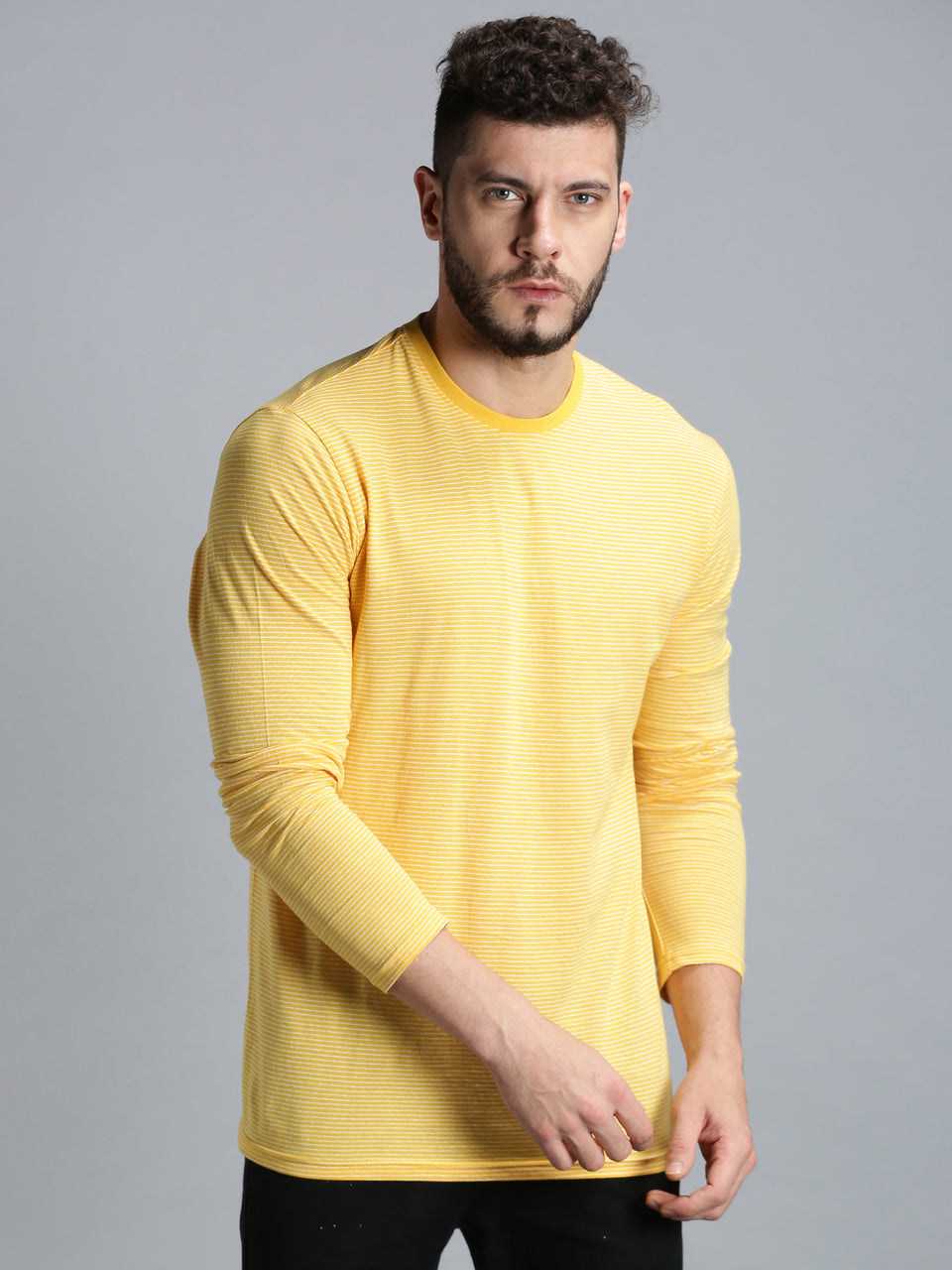 Men Yellow White Yarn Dyed Stripes Round Neck Recycled Cotton Full Sleeve Regular Fit Casual T-Shirt
