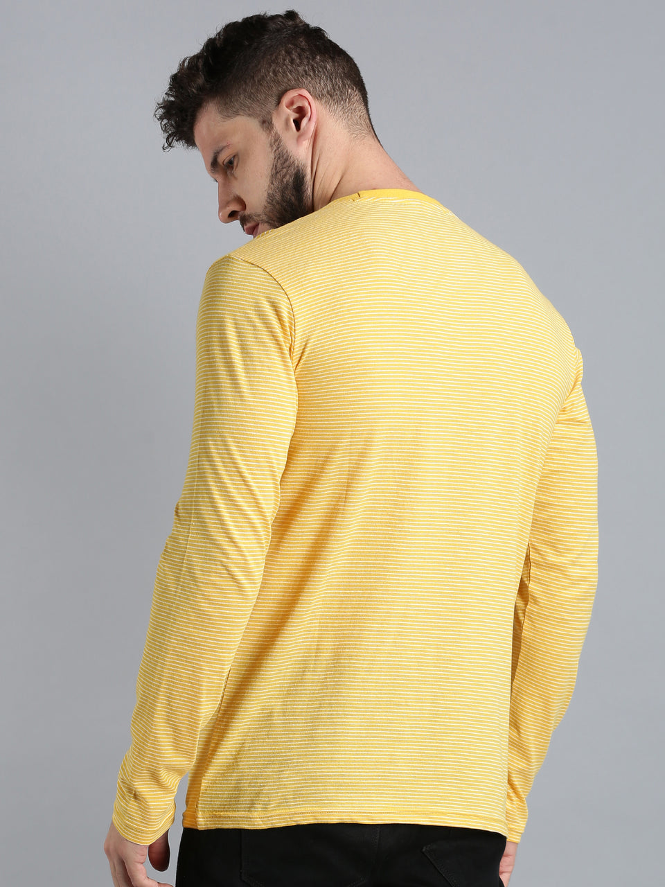 Men Yellow White Yarn Dyed Stripes Round Neck Recycled Cotton Full Sleeve Regular Fit Casual T-Shirt