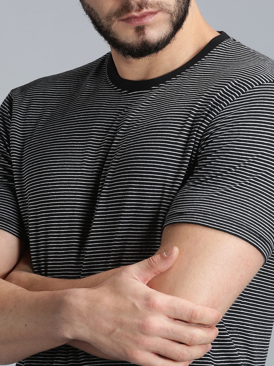 Men Black White Yarn Dyed Stripes Round Neck Recycled Cotton Half Sleeve Regular Fit Casual T-Shirt