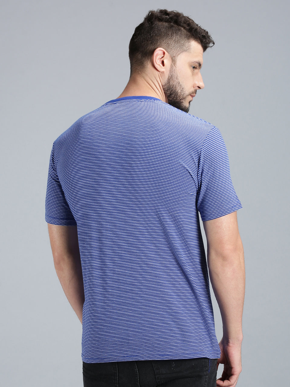Men Royal Blue White Yarn Dyed Stripes Round Neck Recycled Cotton Half Sleeve Regular Fit Casual T-Shirt
