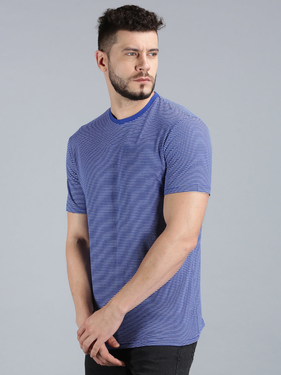 Men Royal Blue White Yarn Dyed Stripes Round Neck Recycled Cotton Half Sleeve Regular Fit Casual T-Shirt