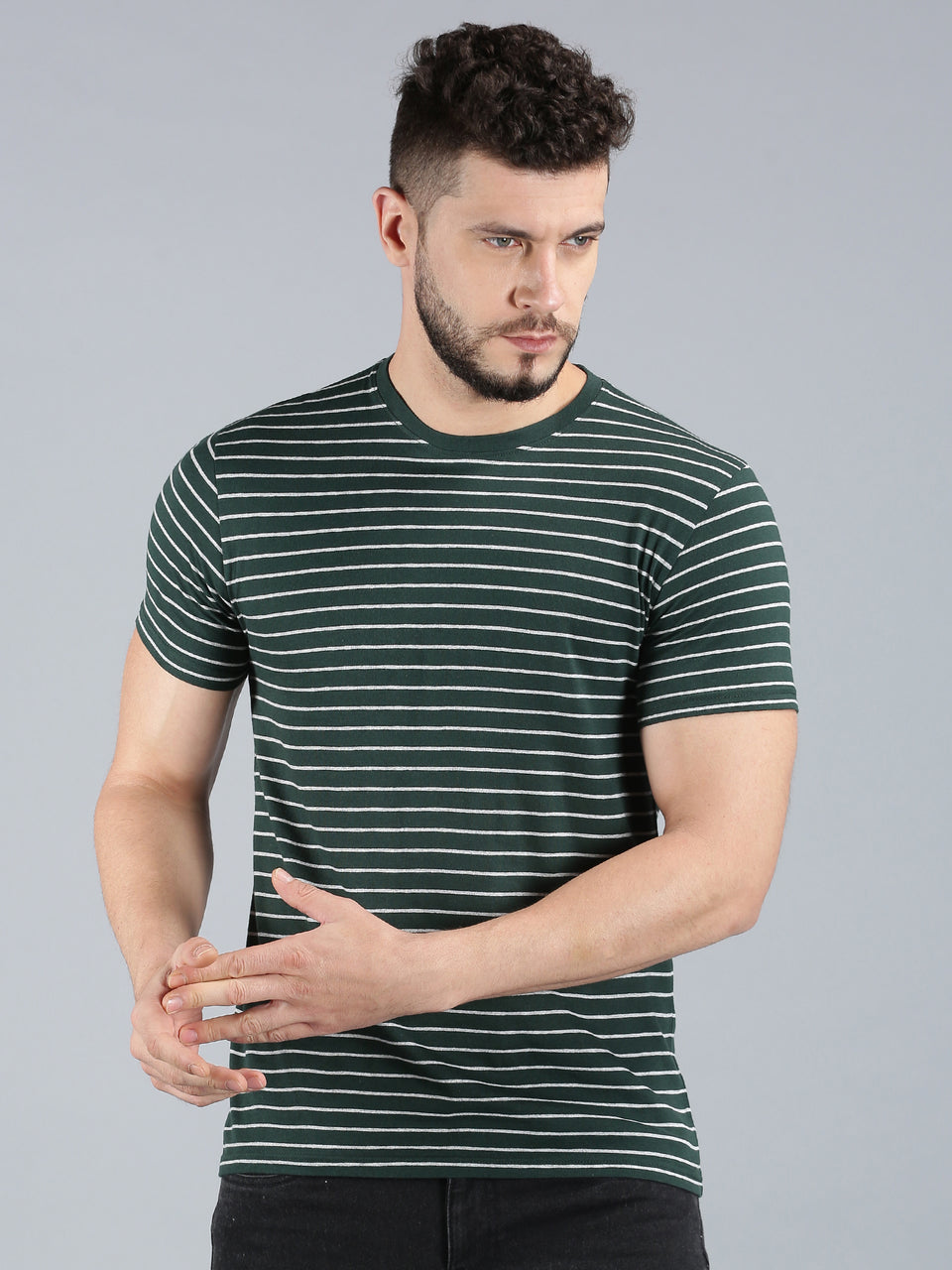 Men Dark Green Yarn Dyed Stripes Round Neck Recycled Cotton Half Sleeve Regular Fit Casual T-Shirt