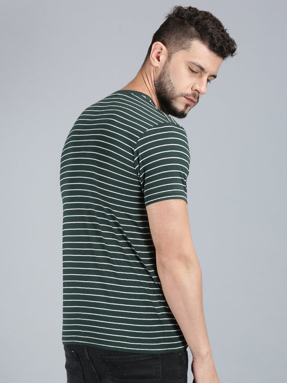 Men Dark Green Yarn Dyed Stripes Round Neck Recycled Cotton Half Sleeve Regular Fit Casual T-Shirt