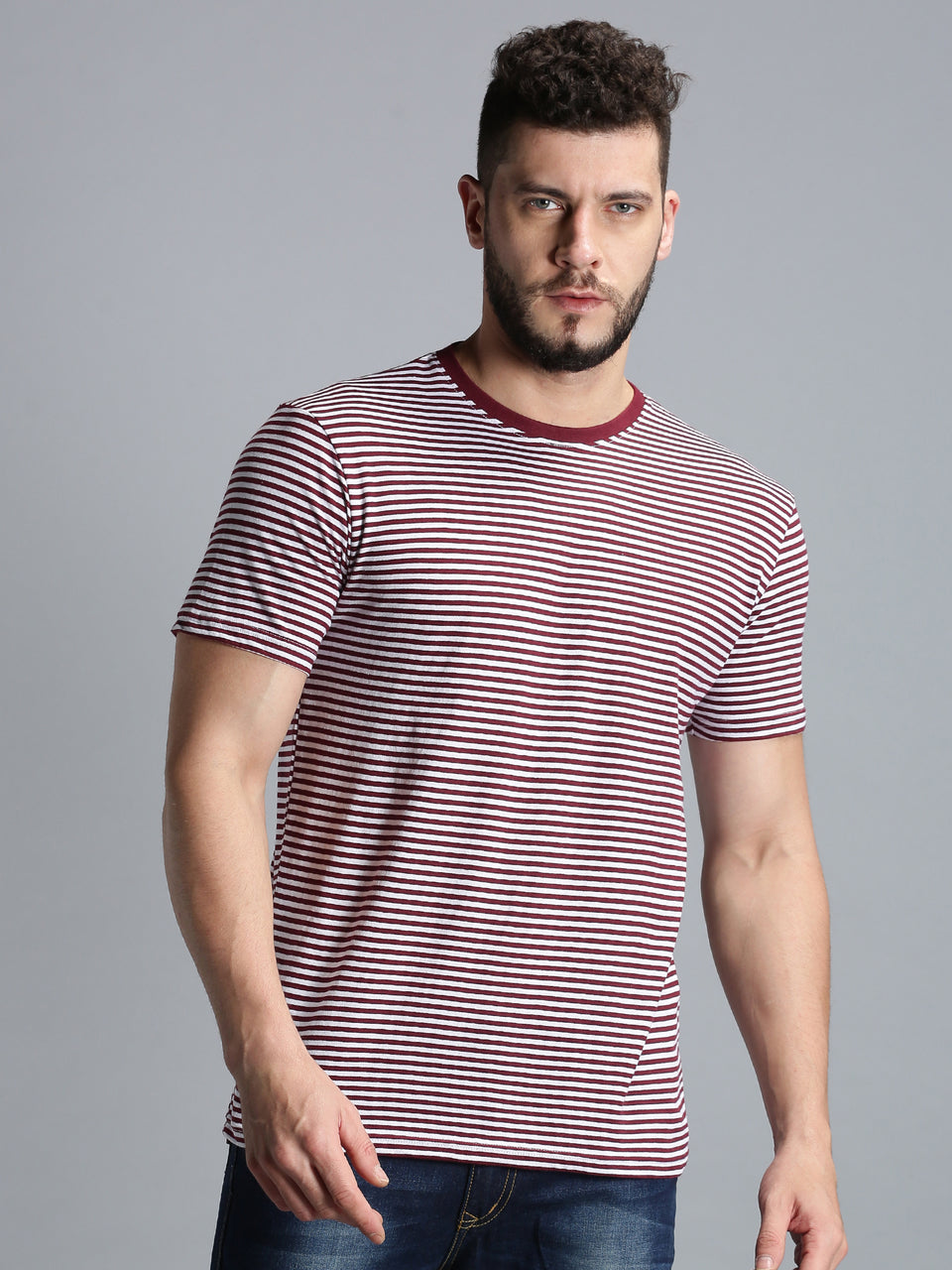 Men Maroon White Yarn Dyed Stripes Round Neck Recycled Cotton Half Sleeve Regular Fit Casual T-Shirt