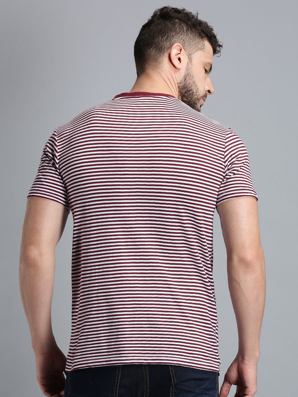 Men Maroon White Yarn Dyed Stripes Round Neck Recycled Cotton Half Sleeve Regular Fit Casual T-Shirt