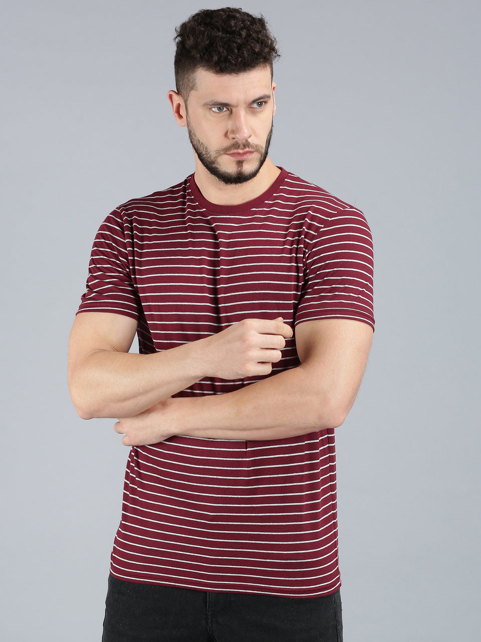 Men Maroon Yarn Dyed Stripes Round Neck Recycled Cotton Half Sleeve Regular Fit Casual T-Shirt