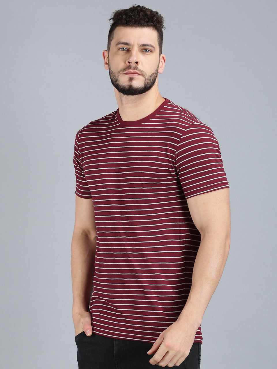 Men Maroon Yarn Dyed Stripes Round Neck Recycled Cotton Half Sleeve Regular Fit Casual T-Shirt