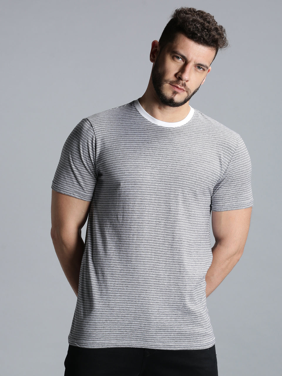 Men White Black Yarn Dyed Stripes Round Neck Recycled Cotton Half Sleeve Regular Fit Casual T-Shirt