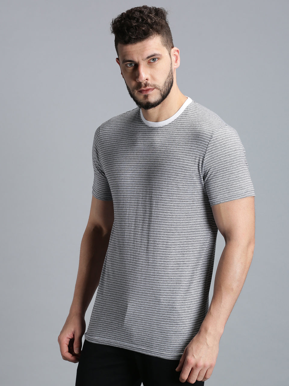 Men White Black Yarn Dyed Stripes Round Neck Recycled Cotton Half Sleeve Regular Fit Casual T-Shirt