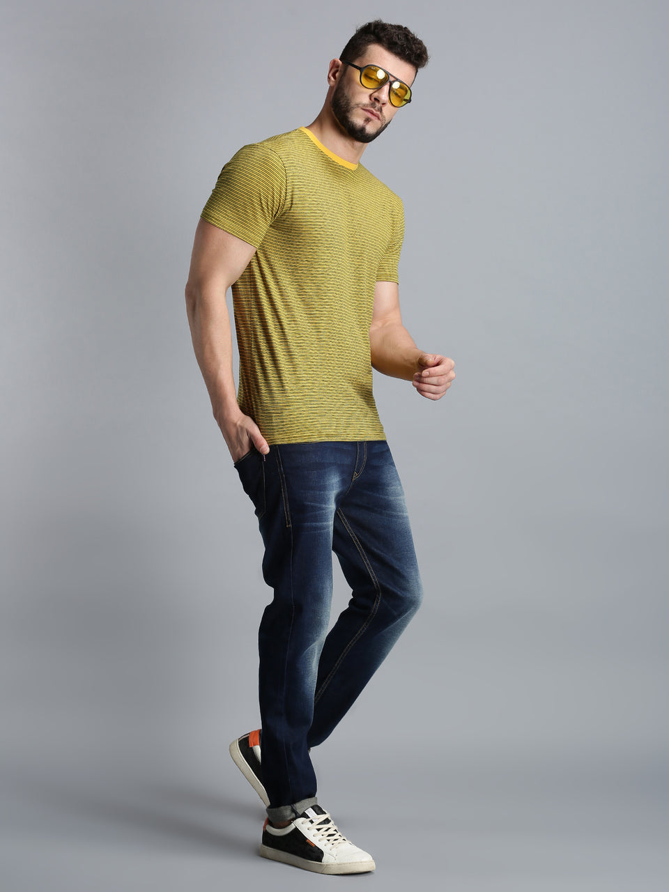 Men Yellow Black Yarn Dyed Stripes Round Neck Recycled Cotton Half Sleeve Regular Fit Casual T-Shirt