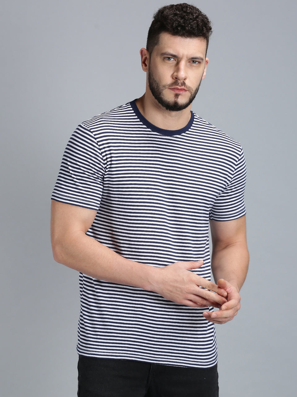 Men Navy Blue White Yarn Dyed Stripes Round Neck Recycled Cotton Half Sleeve Regular Fit Casual T-Shirt