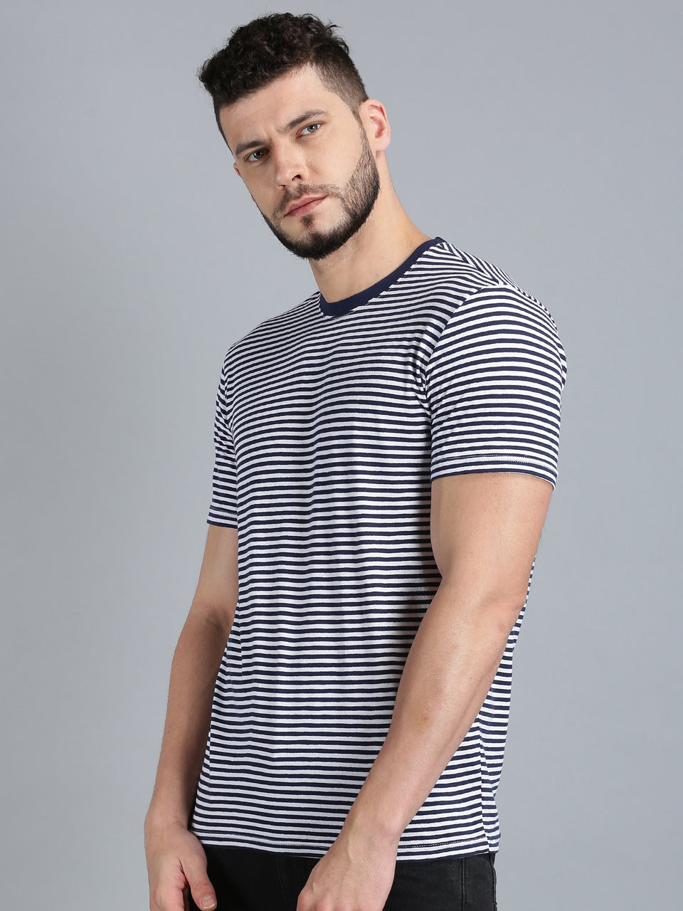 Men Navy Blue White Yarn Dyed Stripes Round Neck Recycled Cotton Half Sleeve Regular Fit Casual T-Shirt