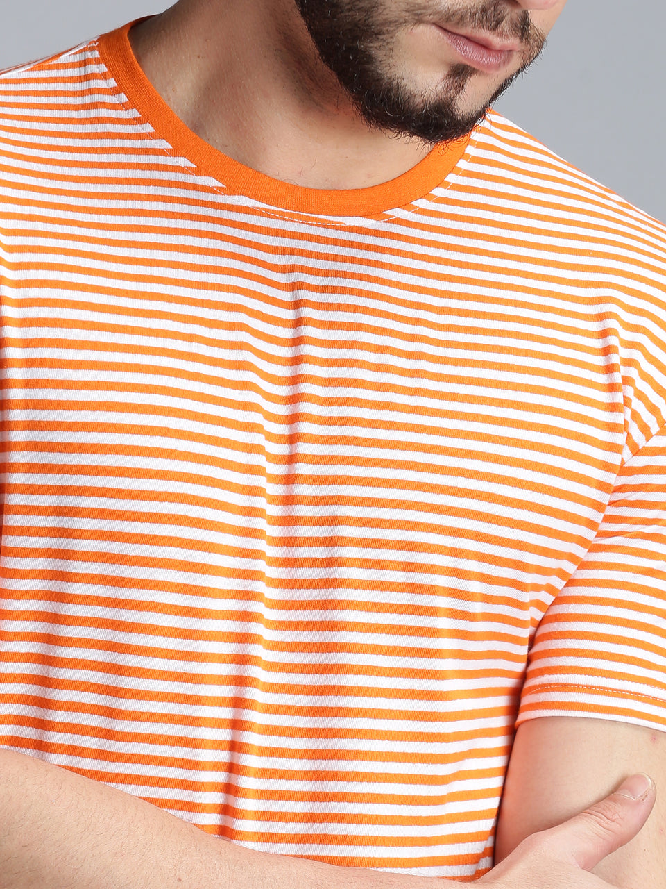 Men Orange White Yarn Dyed Stripes Round Neck Recycled Cotton Half Sleeve Regular Fit Casual T-Shirt
