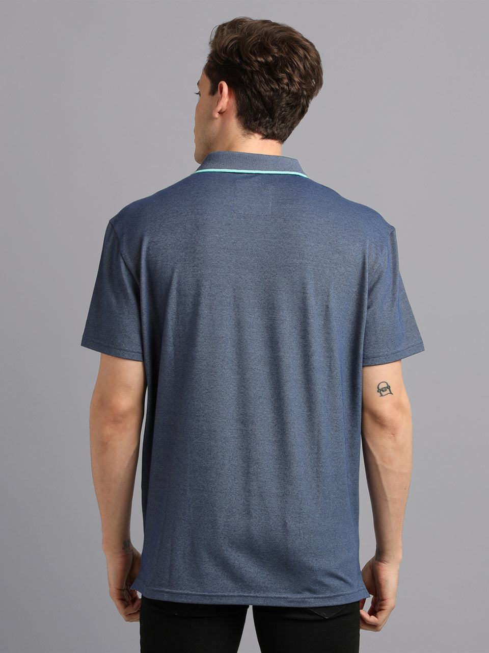 Men Blue Plain Solid Polo Collared Neck Organic Cotton Half Sleeve Casual T-Shirt