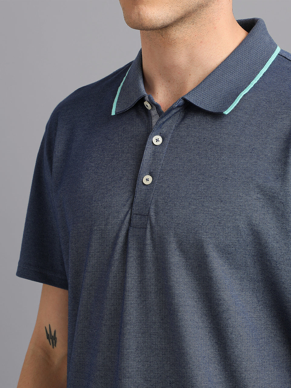 Men Blue Plain Solid Polo Collared Neck Organic Cotton Half Sleeve Casual T-Shirt