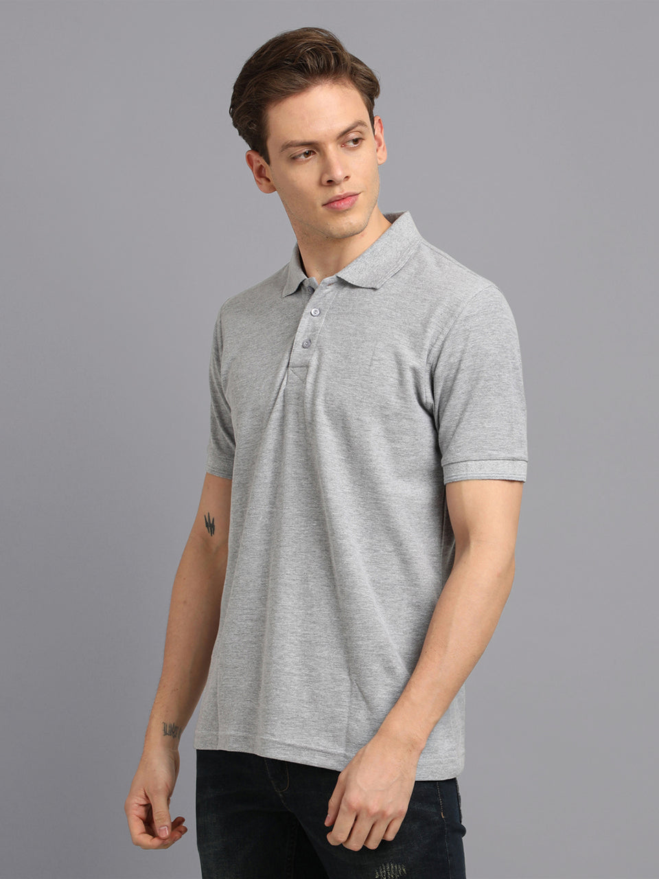 Men Plain Grey Cotton Polo T-shirt
