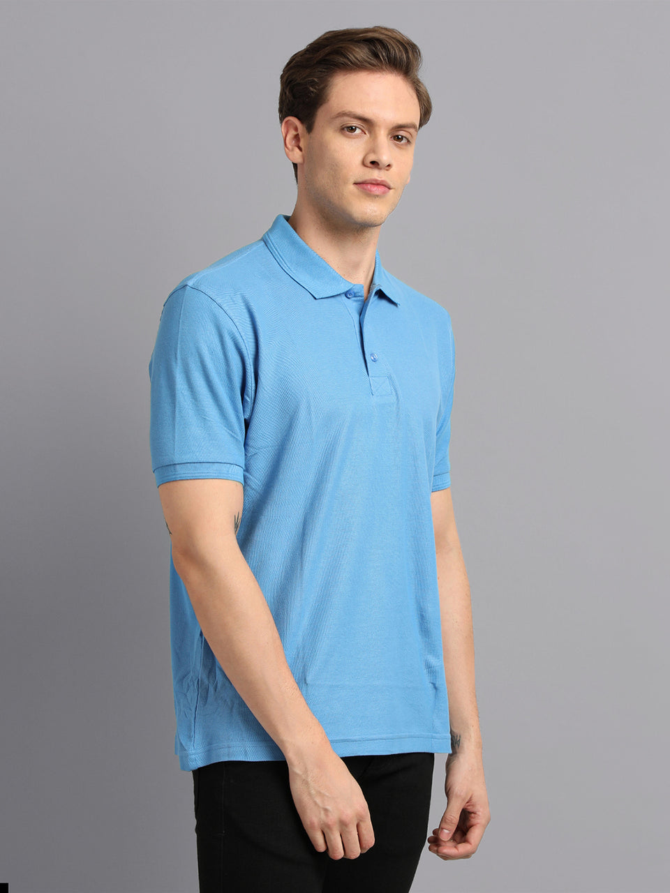 Men Plain Sky Blue Cotton Polo T-shirt
