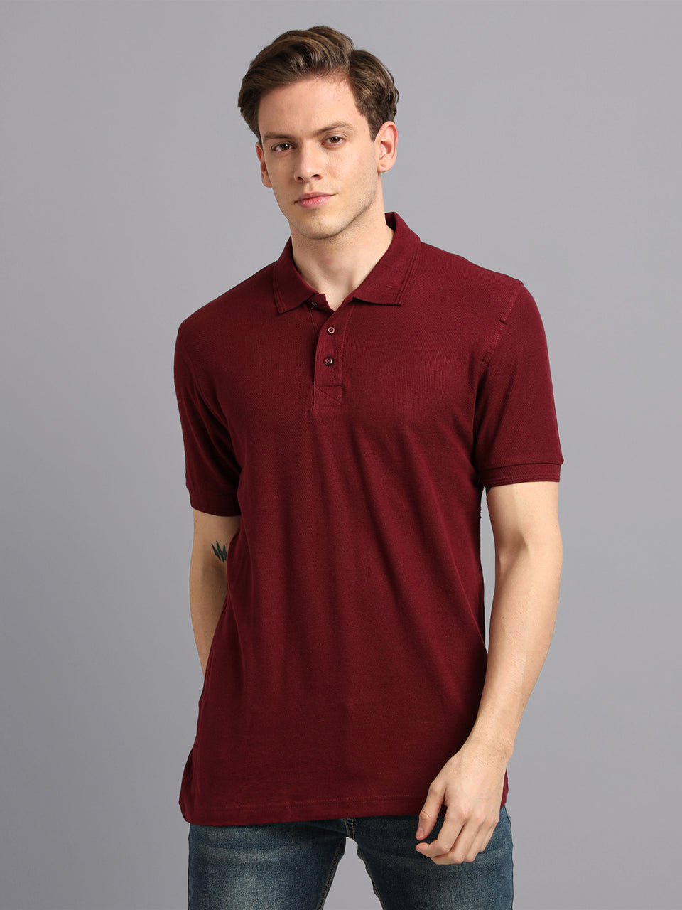 Men Plain Burgundy Cotton Polo T-shirt