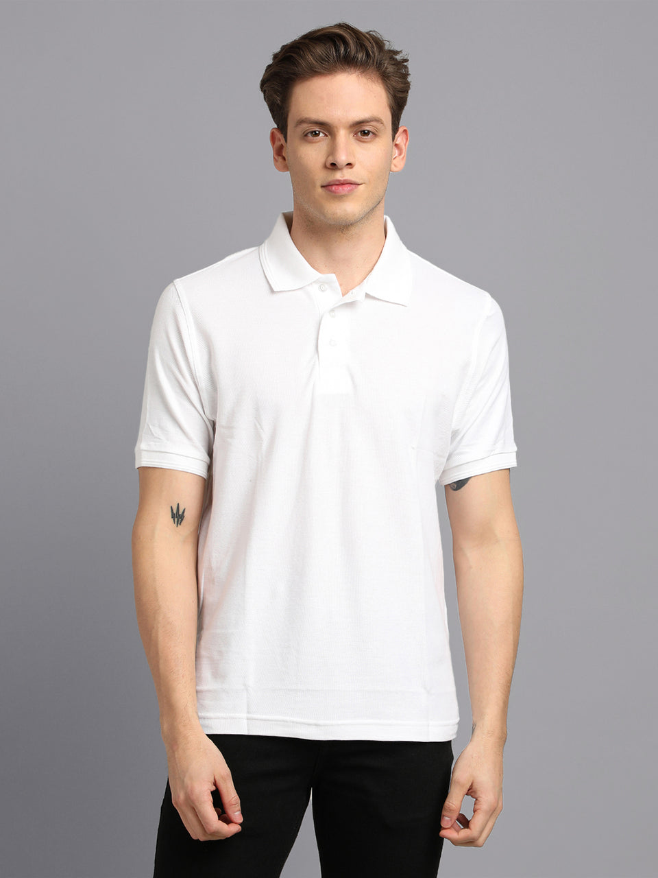 Men White Plain Solid Polo Collared Neck Organic Cotton Half Sleeve Casual T-Shirt