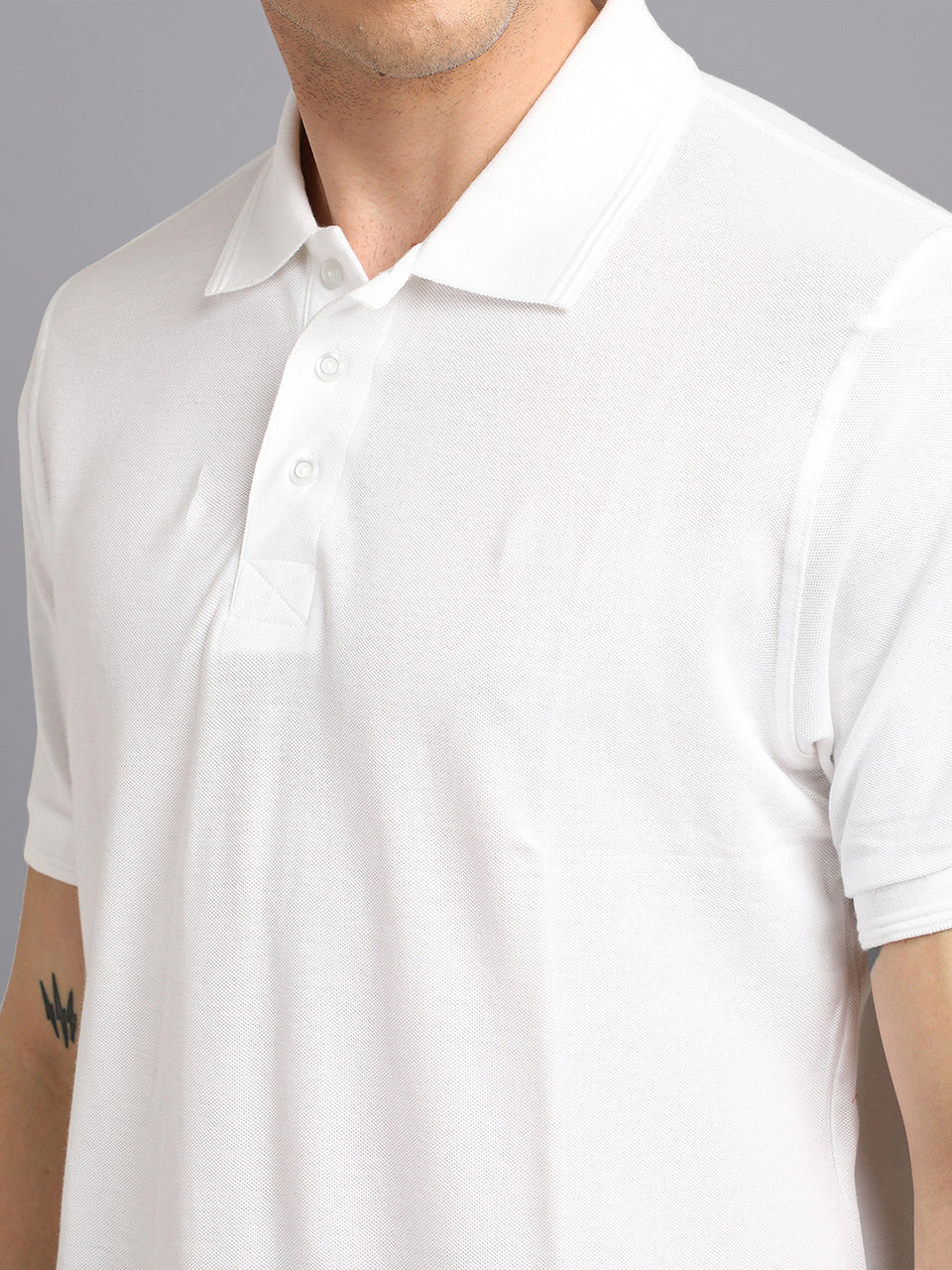 Men White Plain Solid Polo Collared Neck Organic Cotton Half Sleeve Casual T-Shirt