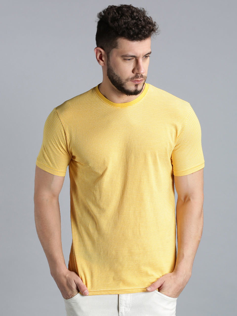 Men Yellow White Yarn Dyed Stripes Round Neck Recycled Cotton Half Sleeve Regular Fit Casual T-Shirt
