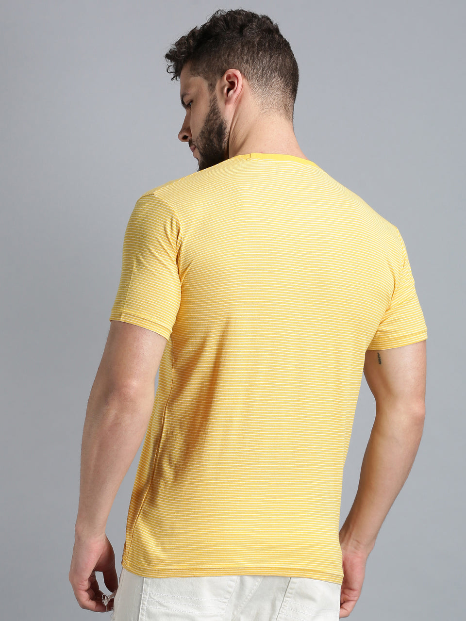 Men Yellow White Yarn Dyed Stripes Round Neck Recycled Cotton Half Sleeve Regular Fit Casual T-Shirt