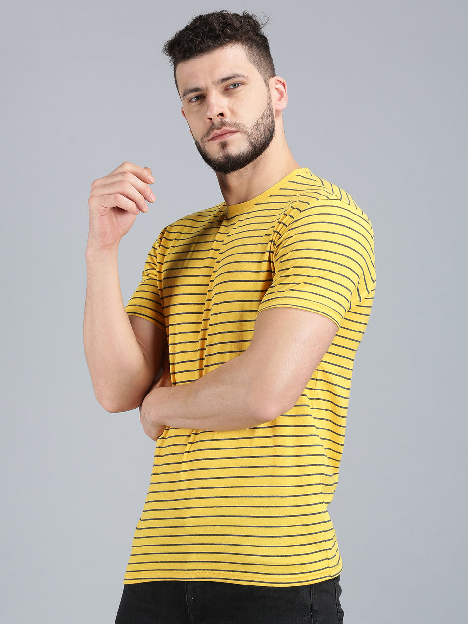Men Yellow Navy Blue Yarn Dyed Stripes Round Neck Recycled Cotton Half Sleeve Regular Fit Casual T-Shirt