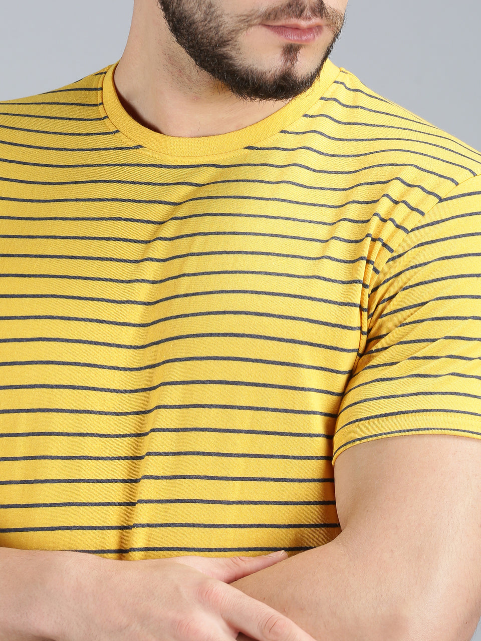 Men Yellow Navy Blue Yarn Dyed Stripes Round Neck Recycled Cotton Half Sleeve Regular Fit Casual T-Shirt