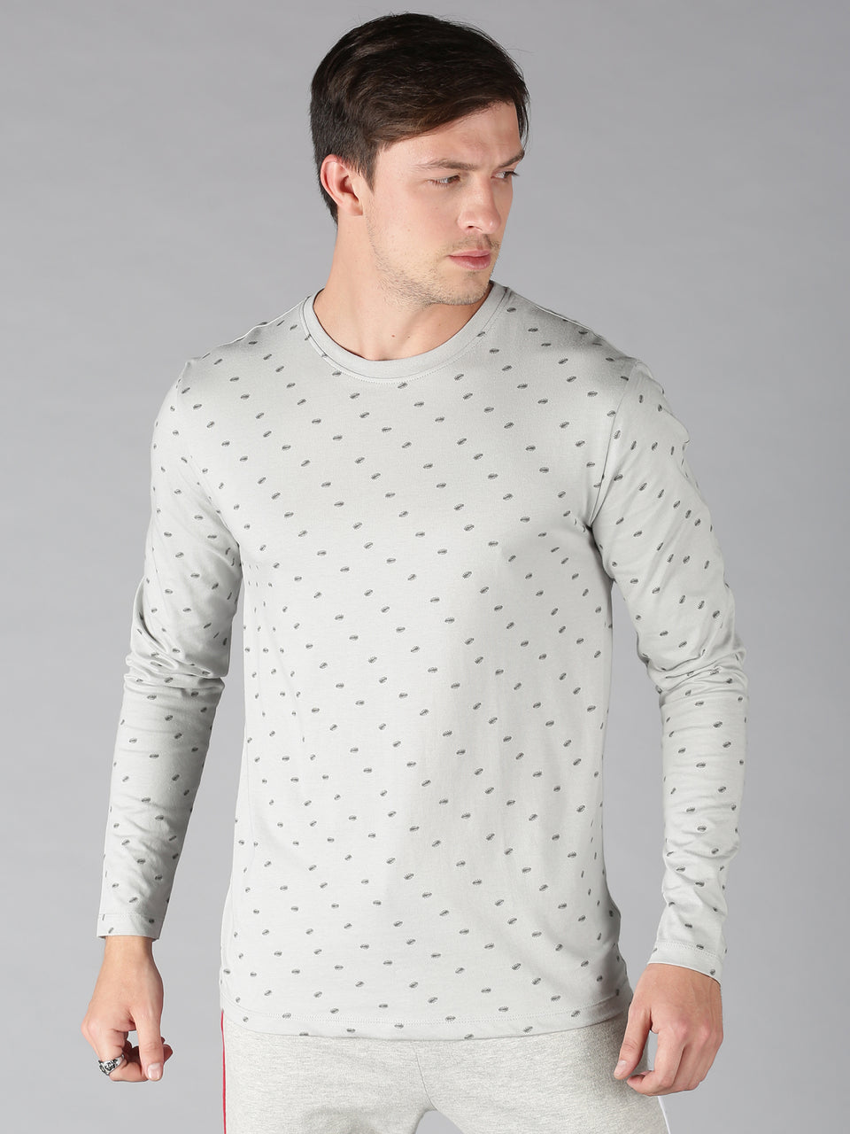 Men Grey All Over Printed Organic Pure Cotton Round Neck Long Sleeve Regular Fit Casual T Shirt