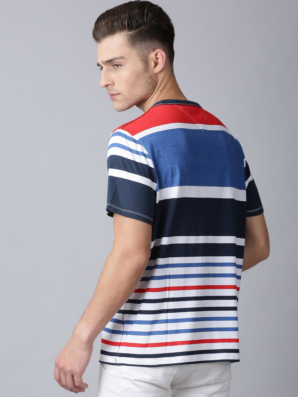 Men Blue White Multicolor Striped Round Neck Recycled Cotton Half Sleeve Regular Fit Casual T-Shirt