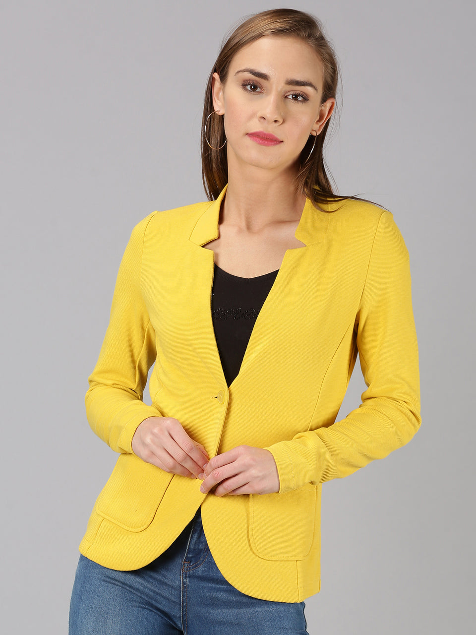 yellow full sleeve solid women jacket
